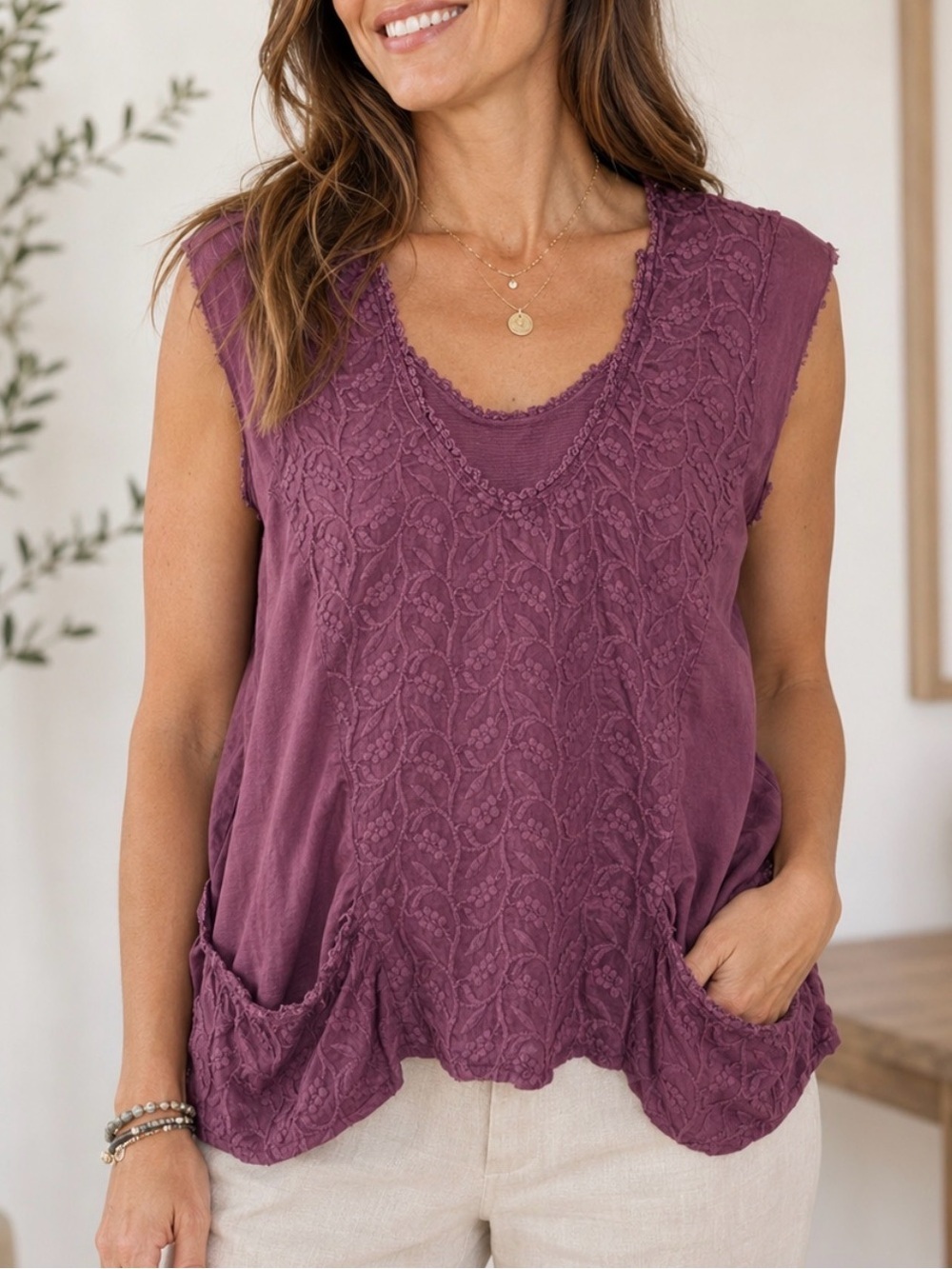 Johnny Was S purple embroidered short sleeve cotton loose fit boho chic blouse